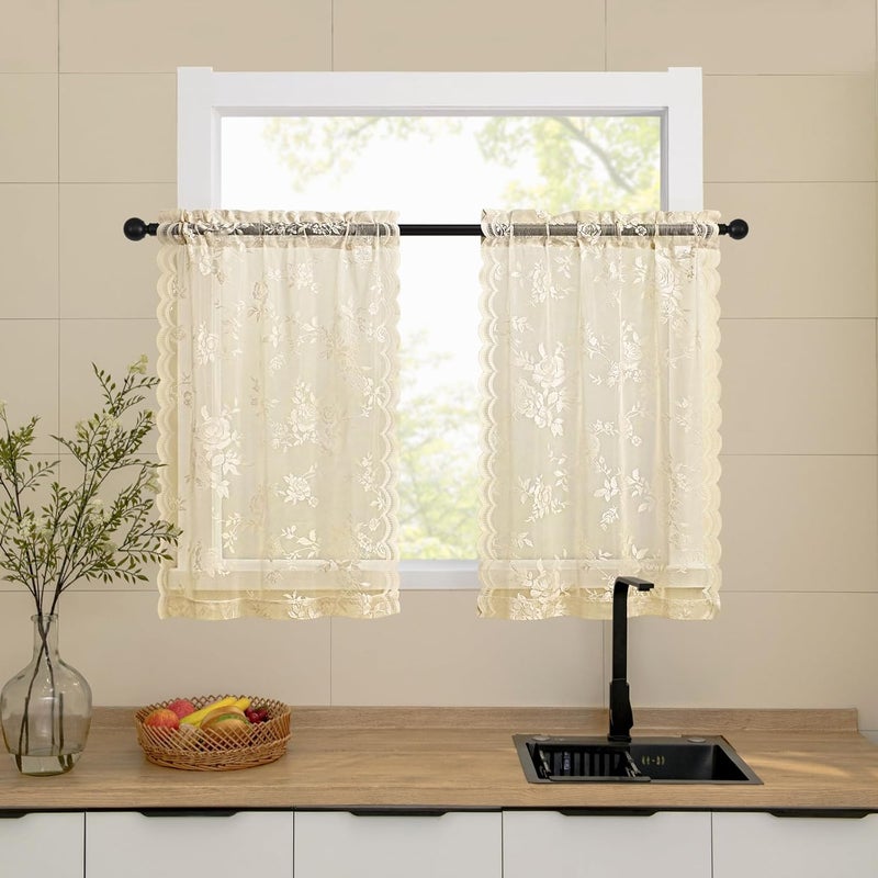 SEEKRIGHT Beige Lace Cafe Curtains 24 Inch Length 2 Panels set Country Floral Sheer Curtain Rod Pocket Short Kitchen Curtains Decor Light Filtering Small Window Bathroom Basement RV Laundry Camper, 26x24 - Image 1